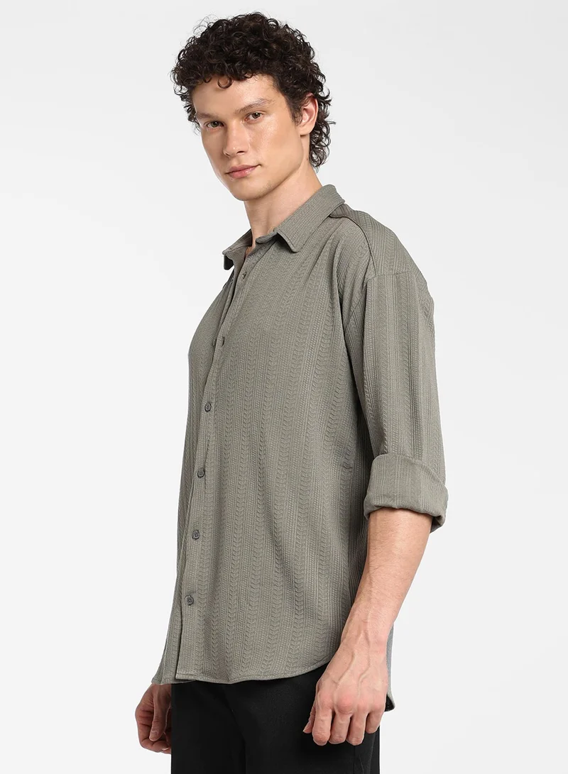 CAHOOT  Men's Ash Grey Stripe-Textured Shirt For Casual Wear | Spread Collar | Long Sleeve | Button Closure | Shirt Crafted With Comfort Fit For Everyday Wear for Men | Best Price UAE