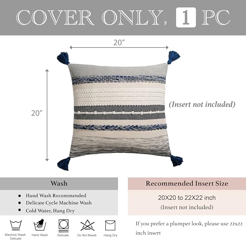BlissBlush Navy Dark Blue Decorative Throw Pillow Cover 20x20 Square Boho Accent Pillowcase Tassels Farmhouse Cushion for Couch Sofa Bedroom Living Room Home Décor Cover ONLY - Image 5