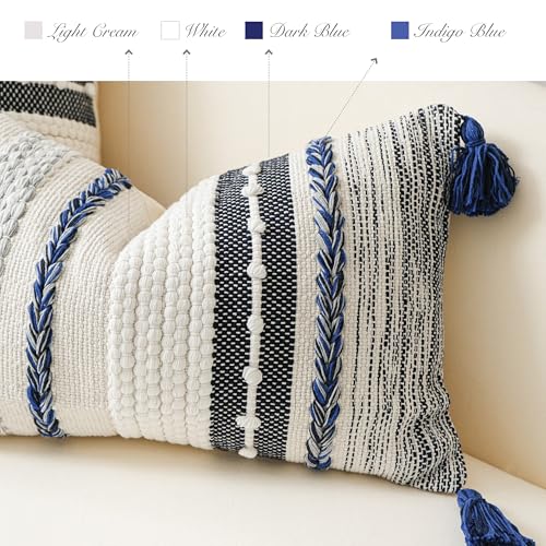 BlissBlush Navy Dark Blue Decorative Throw Pillow Cover 20x20 Square Boho Accent Pillowcase Tassels Farmhouse Cushion for Couch Sofa Bedroom Living Room Home Décor Cover ONLY - Image 3