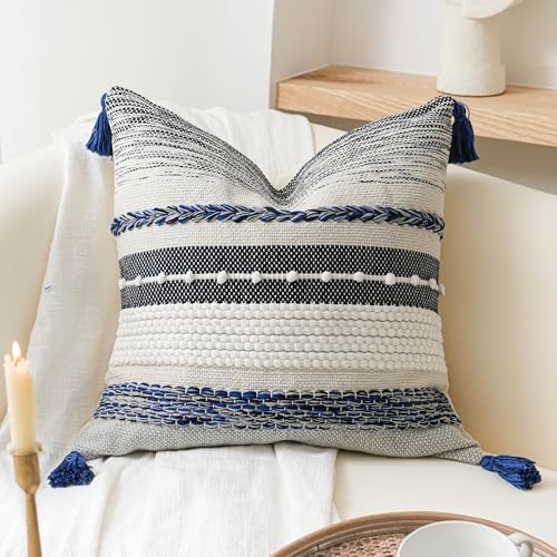 BlissBlush Navy Dark Blue Decorative Throw Pillow Cover 20x20 Square Boho Accent Pillowcase Tassels Farmhouse Cushion for Couch Sofa Bedroom Living Room Home Décor Cover ONLY - Image 1
