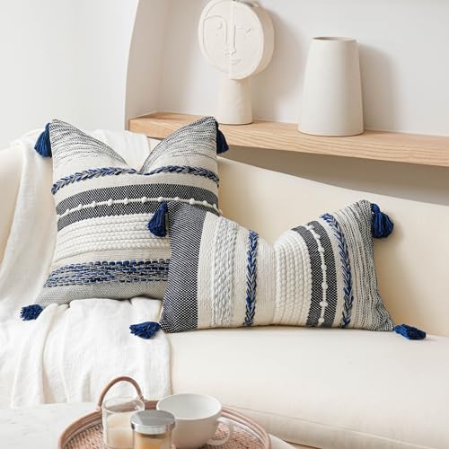 BlissBlush Navy Dark Blue Decorative Throw Pillow Cover 20x20 Square Boho Accent Pillowcase Tassels Farmhouse Cushion for Couch Sofa Bedroom Living Room Home Décor Cover ONLY - Image 4