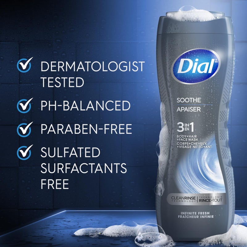 Dial Men 3 in 1 Body, Hair and Face Wash, Soothe, 16 Fl Oz, Pack of 4, Infinite Fresh Scent, Cleanses Deep + Gentle on Skin with Clean Rinse Technology - Image 4