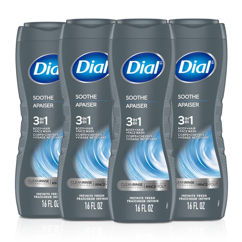 Dial Men 3 in 1 Body, Hair and Face Wash, Soothe, 16 Fl Oz, Pack of 4, Infinite Fresh Scent, Cleanses Deep + Gentle on Skin with Clean Rinse Technology - Image 1