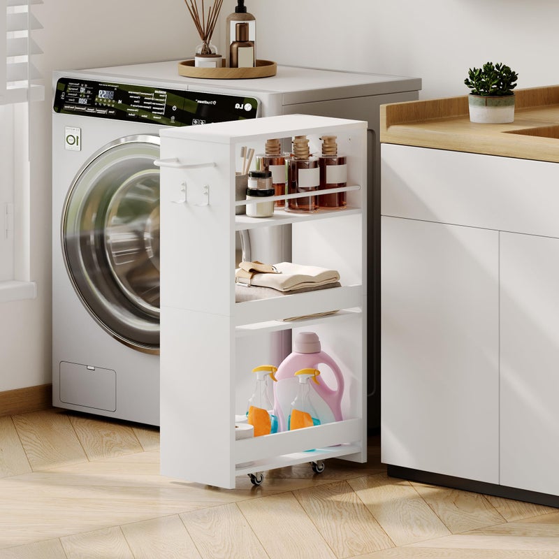 ChooChoo 4-Tier Slim Storage Cart with Handle, 7.87" W Rolling Utility Cart on Universal Wheels, Kitchen Cart Mobile Shelving Organization for Laundry Room, Bathroom & Narrow Places, White - Image 3