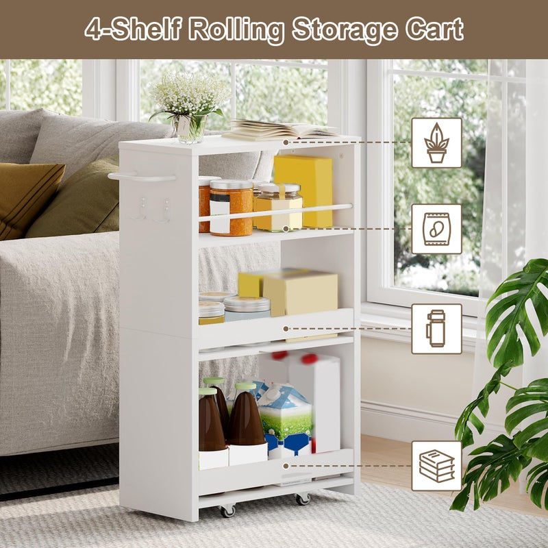 ChooChoo 4-Tier Slim Storage Cart with Handle, 7.87" W Rolling Utility Cart on Universal Wheels, Kitchen Cart Mobile Shelving Organization for Laundry Room, Bathroom & Narrow Places, White - Image 5