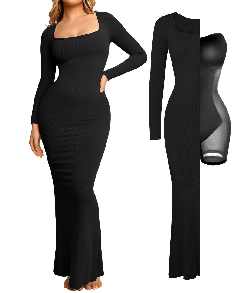 Popilush Long Sleeve Maxi Dress - Shapewear Formal Cocktail Dresses for Women Fall Square Neck Bodycon Dress Built-in Bra Black - Image 1