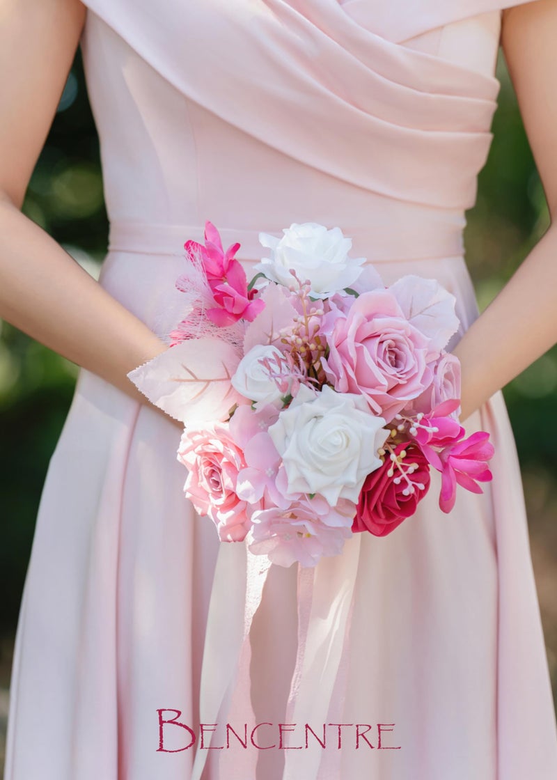BENCENTRE 7 Inch Hot Pink Bridesmaid Bouquet for Wedding  Set of 4  Small Wedding Bouquet for Marriage Proposal Party and Vintage Wedding Ceremony Anniversary Artificial Flowers - Image 4