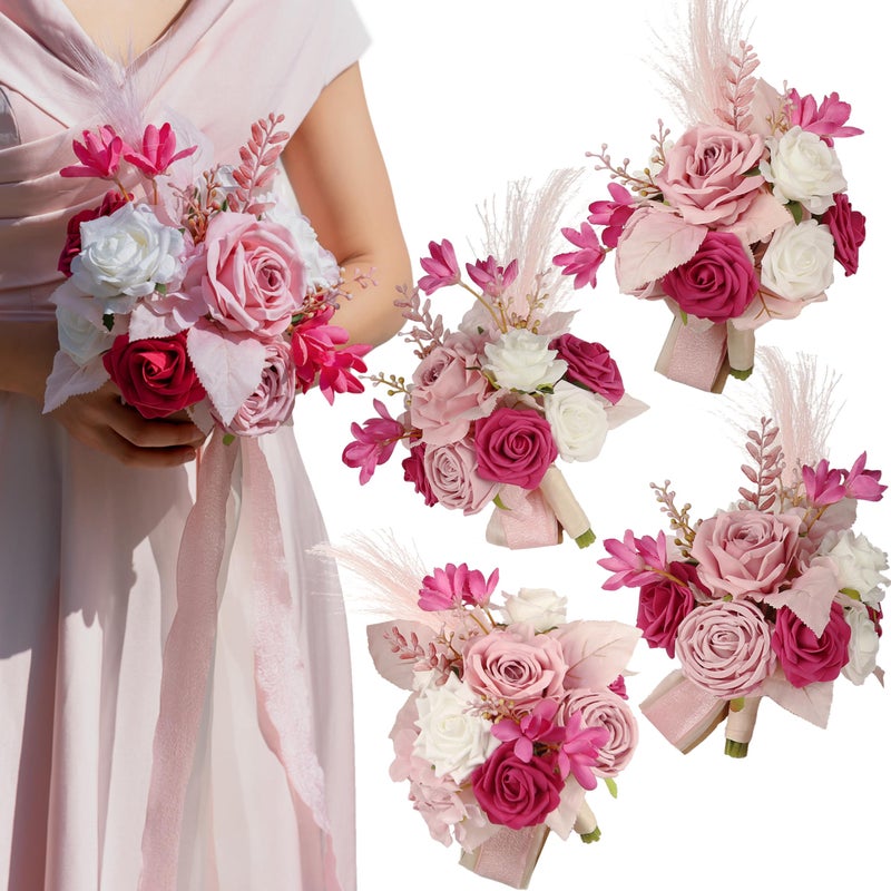 BENCENTRE 7 Inch Hot Pink Bridesmaid Bouquet for Wedding  Set of 4  Small Wedding Bouquet for Marriage Proposal Party and Vintage Wedding Ceremony Anniversary Artificial Flowers - Image 1