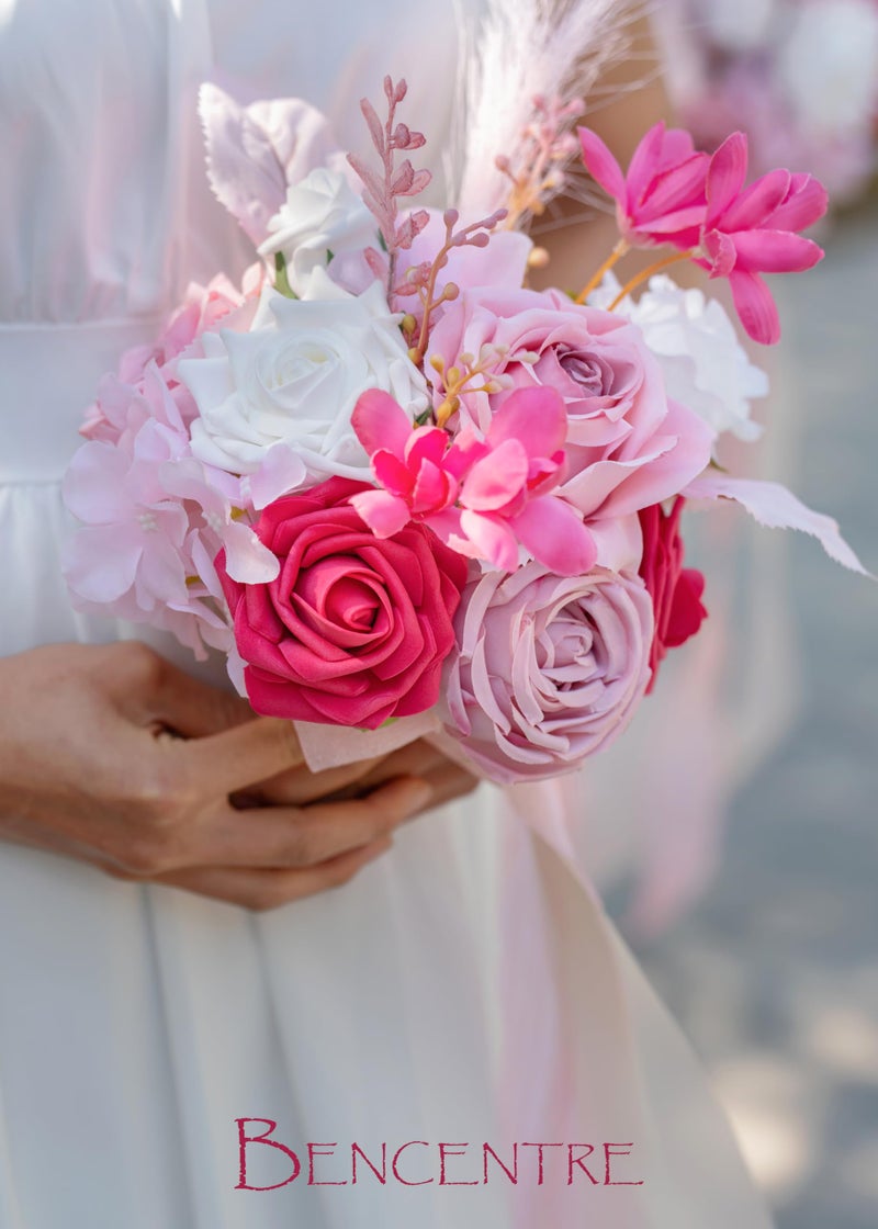 BENCENTRE 7 Inch Hot Pink Bridesmaid Bouquet for Wedding  Set of 4  Small Wedding Bouquet for Marriage Proposal Party and Vintage Wedding Ceremony Anniversary Artificial Flowers - Image 5
