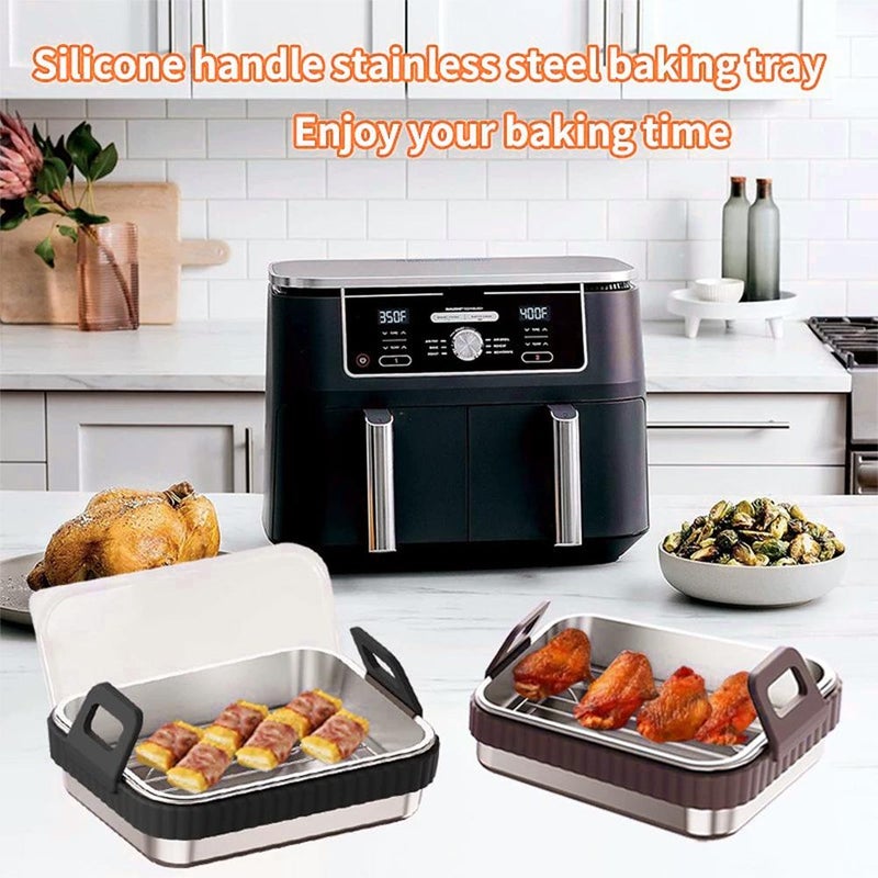 Cross-border stainless steel baking tray upgrade with silicone handle, air fryer grill rack, baking tray with lid and accessories - Image 5