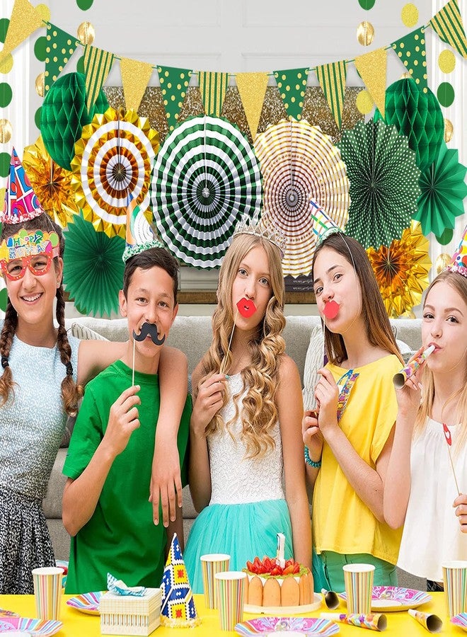 MEIDUO Paper Fans Party Decorations Glitter Paper Triangle Flag Pennant Banner Tassel Garland Circle Banners Party Supplies for Bachelorette, Birthday, Engagement Wedding, Baby Bridal Shower Green Gold - Image 5