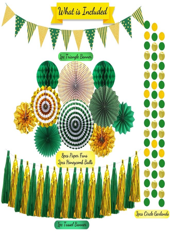 MEIDUO Paper Fans Party Decorations Glitter Paper Triangle Flag Pennant Banner Tassel Garland Circle Banners Party Supplies for Bachelorette, Birthday, Engagement Wedding, Baby Bridal Shower Green Gold - Image 2