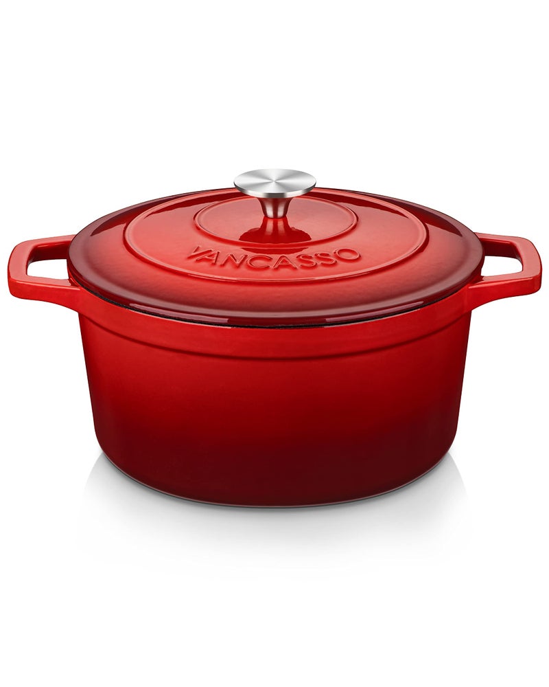 vancasso 6 QT Enameled Cast Iron Dutch Oven with Lid Dual Handles for Bread Baking Heavyduty Round Dutch Oven Non Stick Coating All Heat Source Red