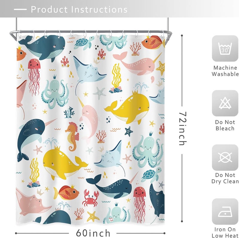 Riyidecor Funny Whale Kids Shower Curtain 60Wx72H Inch Cartoon Dolphin Curtains Cute Sea Marine Animal Ocean Fish Undersea Sealife for Boy Girl Bathroom Decor Fabric Polyester Waterproof 12 Pack Hooks - Image 5