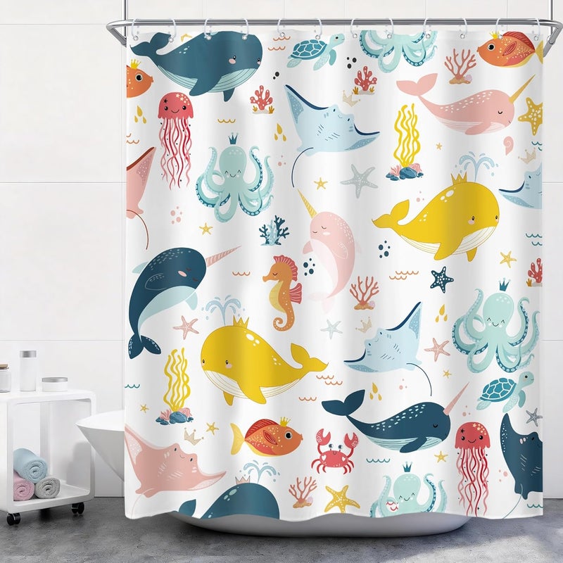 Riyidecor Funny Whale Kids Shower Curtain 60Wx72H Inch Cartoon Dolphin Curtains Cute Sea Marine Animal Ocean Fish Undersea Sealife for Boy Girl Bathroom Decor Fabric Polyester Waterproof 12 Pack Hooks - Image 1