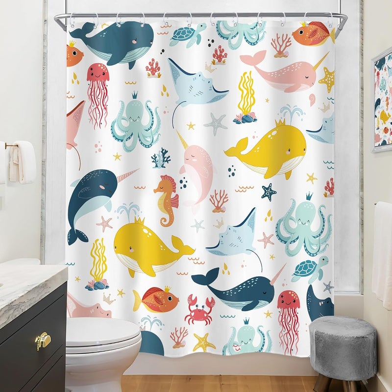 Riyidecor Funny Whale Kids Shower Curtain 60Wx72H Inch Cartoon Dolphin Curtains Cute Sea Marine Animal Ocean Fish Undersea Sealife for Boy Girl Bathroom Decor Fabric Polyester Waterproof 12 Pack Hooks - Image 4