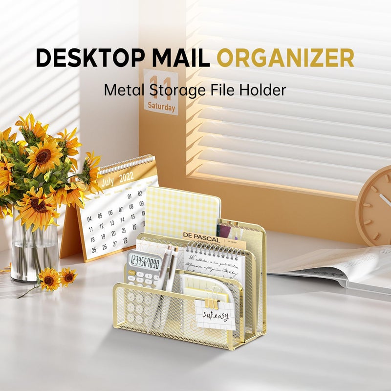 SUPEASY Mail Organizer for Desk, Mesh Metal Mail Holder Countertop with 3-Slot, Letter Sorter File Holder, Office Envelope Organizer for Mails (Gold) - Image 2