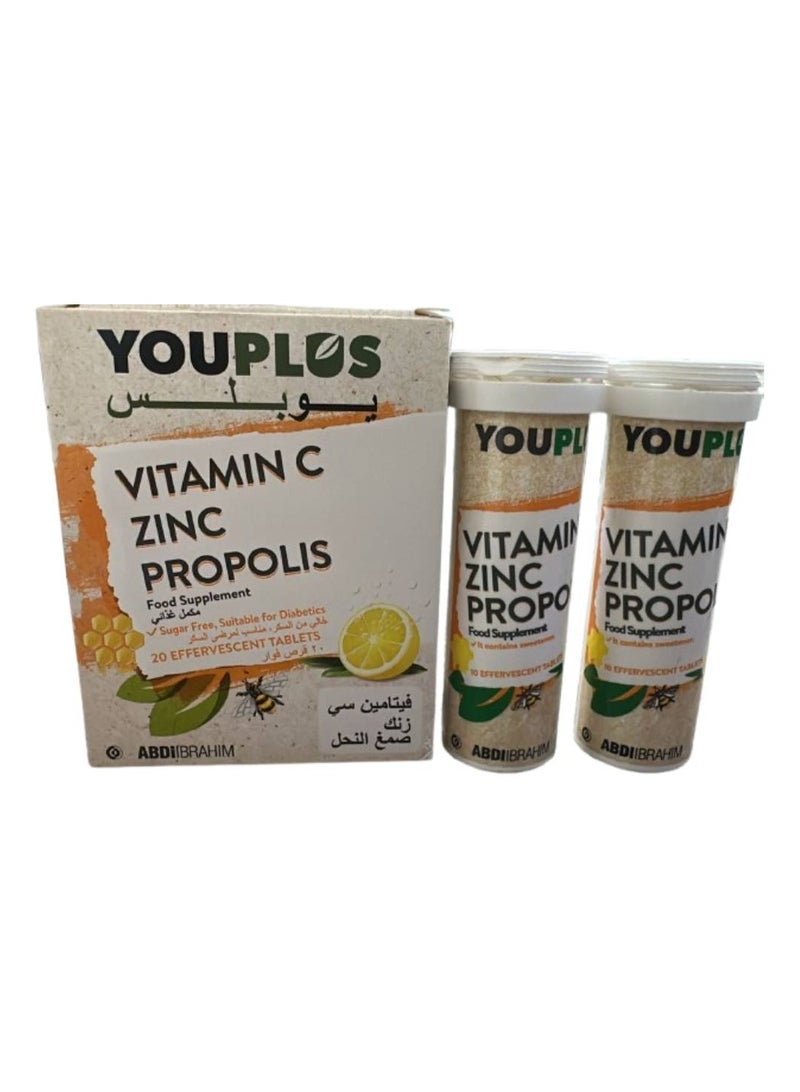 YouPlus Vitamin C Zinc Propolis Food Supplement, Sugar Free, 20 Effervescent Tablets