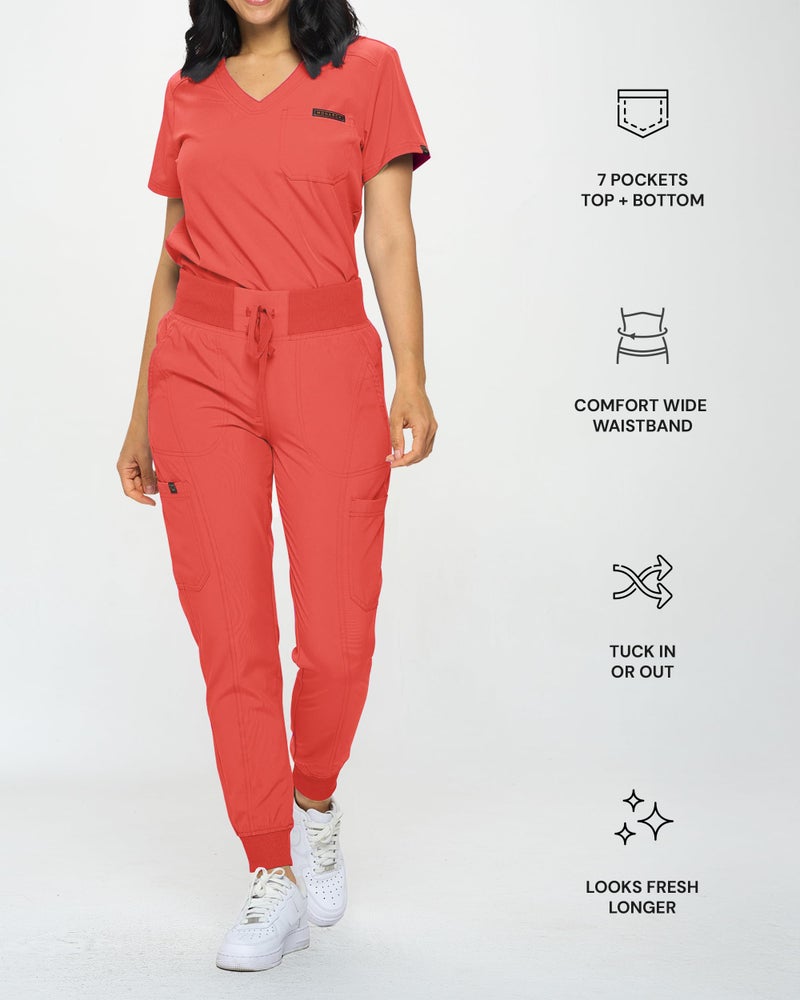 Monarch Uniforms Slim Fit Stretchy Scrubs Women's Jogger Scrub Set Slim Jogger Scrubs with Tuck-In Top for Women (CORAL-3X) - Image 3