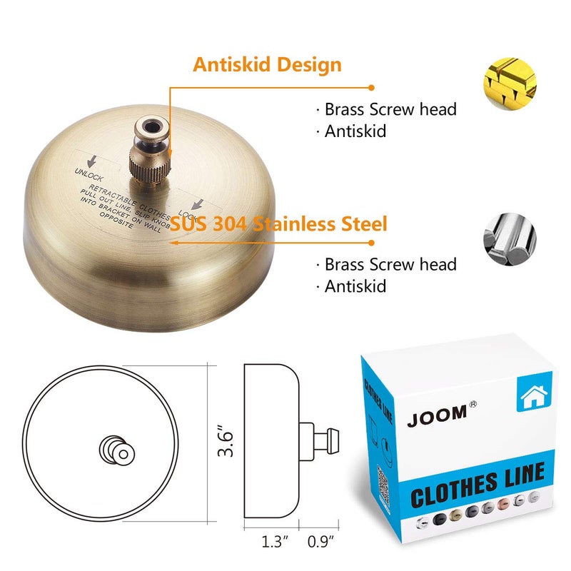 JOOM Retractable Clothesline Stainless Steel Heavy Duty 9Feet(MAX) for Hanging Drying in Bathroom Laundry Hotels, Chrome Finish,Round Style (Brushed Antique Brass) - Image 3