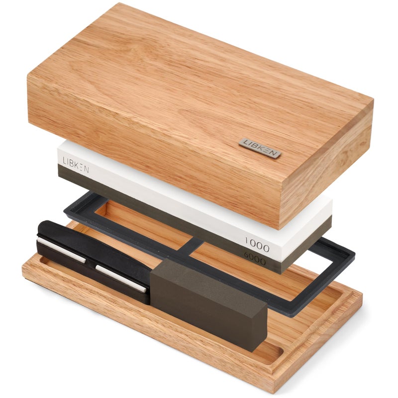 Libken Whetstone Knife Sharpening Stone Kit 1000/6000 Grit with Wooden Box â€“ Wet Stone Sharpener Set for Kitchen Knives, BBQ, Hunting, Pocket, Scissor, Blade, Razor â€“ Angle Guide & Flattening Stone - Image 1