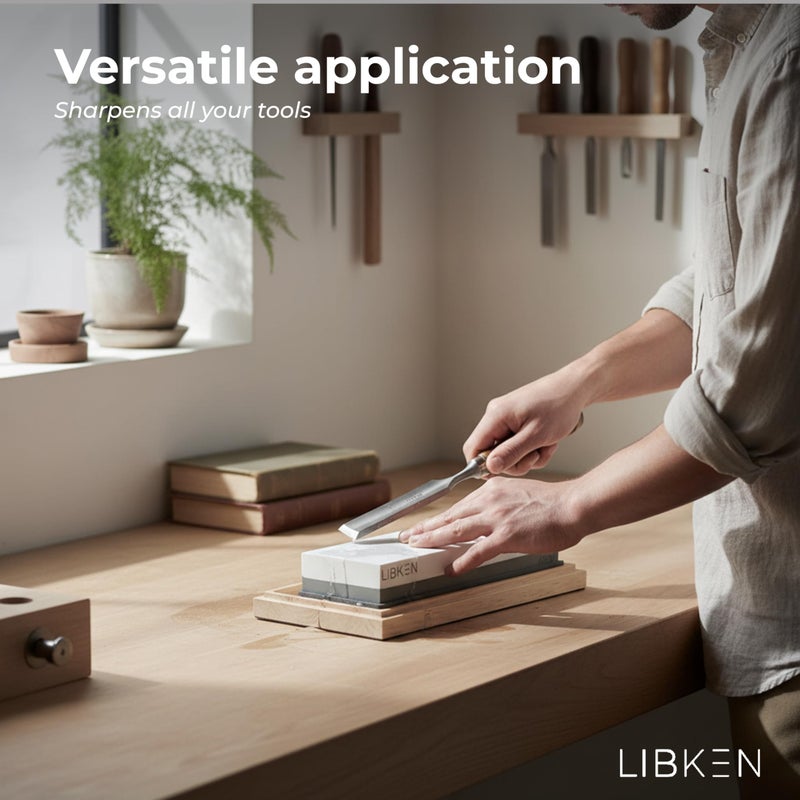 Libken Whetstone Knife Sharpening Stone Kit 1000/6000 Grit with Wooden Box â€“ Wet Stone Sharpener Set for Kitchen Knives, BBQ, Hunting, Pocket, Scissor, Blade, Razor â€“ Angle Guide & Flattening Stone - Image 5