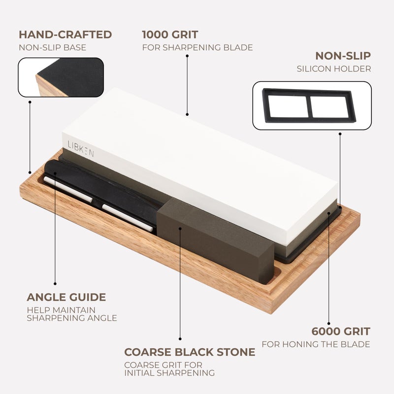 Libken Whetstone Knife Sharpening Stone Kit 1000/6000 Grit with Wooden Box â€“ Wet Stone Sharpener Set for Kitchen Knives, BBQ, Hunting, Pocket, Scissor, Blade, Razor â€“ Angle Guide & Flattening Stone - Image 3