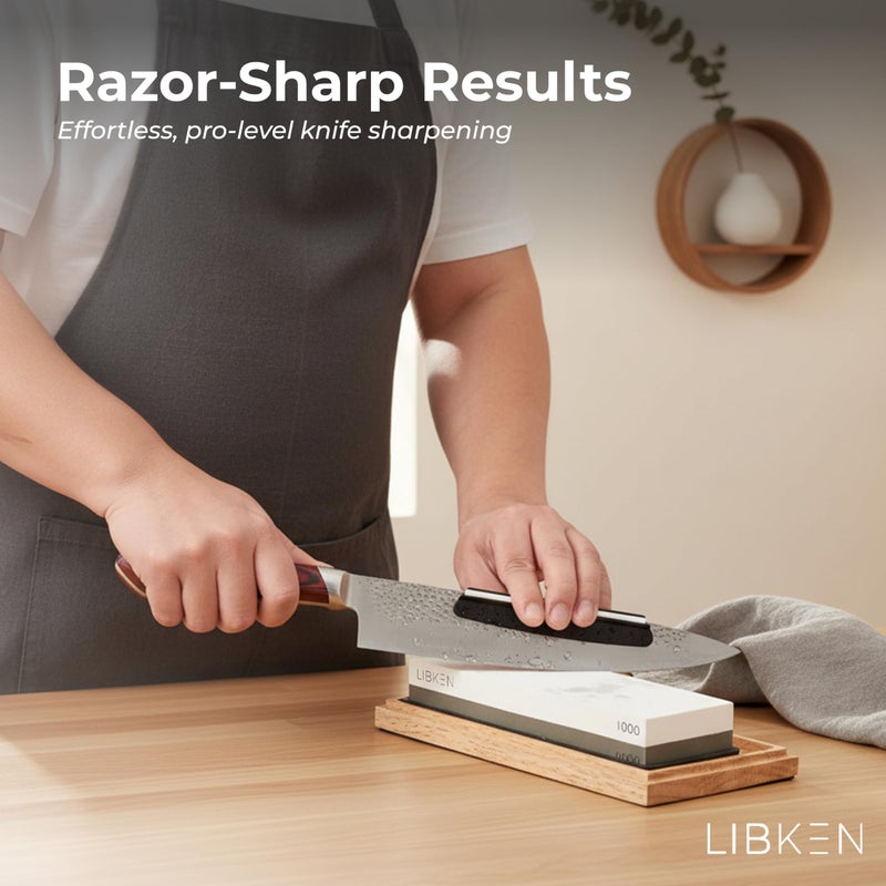 Libken Whetstone Knife Sharpening Stone Kit 1000/6000 Grit with Wooden Box â€“ Wet Stone Sharpener Set for Kitchen Knives, BBQ, Hunting, Pocket, Scissor, Blade, Razor â€“ Angle Guide & Flattening Stone - Image 2