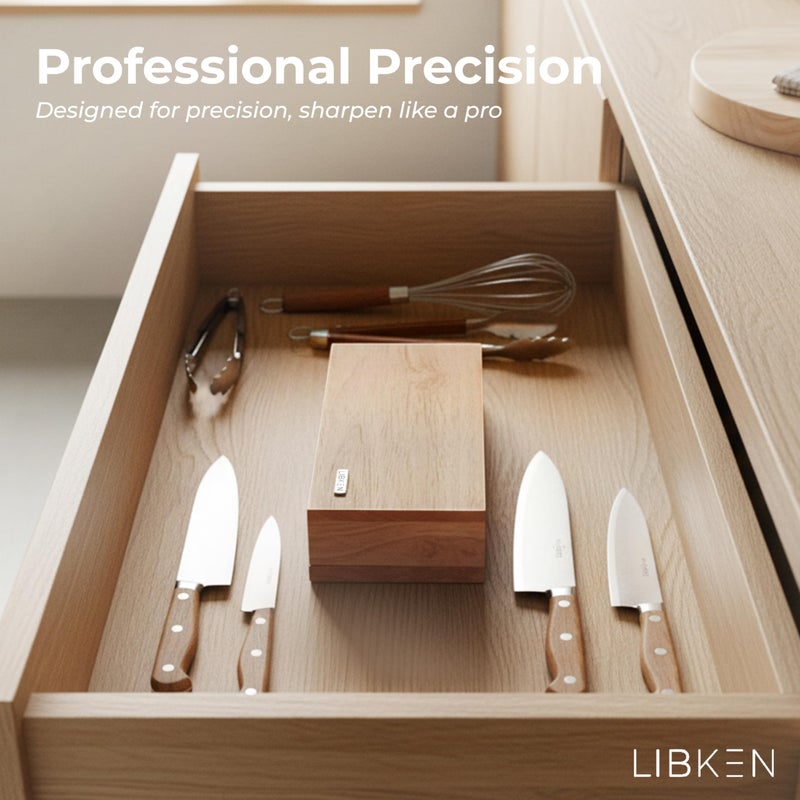 Libken Whetstone Knife Sharpening Stone Kit 1000/6000 Grit with Wooden Box â€“ Wet Stone Sharpener Set for Kitchen Knives, BBQ, Hunting, Pocket, Scissor, Blade, Razor â€“ Angle Guide & Flattening Stone - Image 4