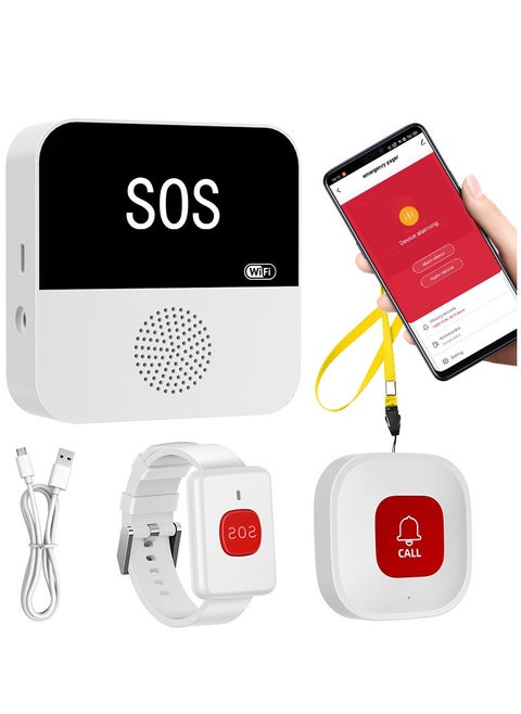 WiFi Pager, Caregiver Pagers Life Alert Systems for Seniors, 1 Receiver and 1 SOS Panic Button & 1 Watch Pager, Compatible with Tuya Smart Smart Life APP