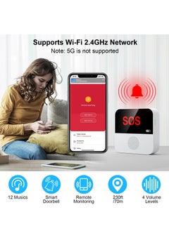 شو وو جهاز استدعاء WiFi، أجهزة استدعاء مقدمي الرعاية، أنظمة تنبيه الحياة لكبار السن، جهاز استقبال واحد وزر ذعر SOS واحد وجهاز استدعاء ساعة واحد، متوافق مع تطبيق Tuya Smart Smart Life  - Image 2