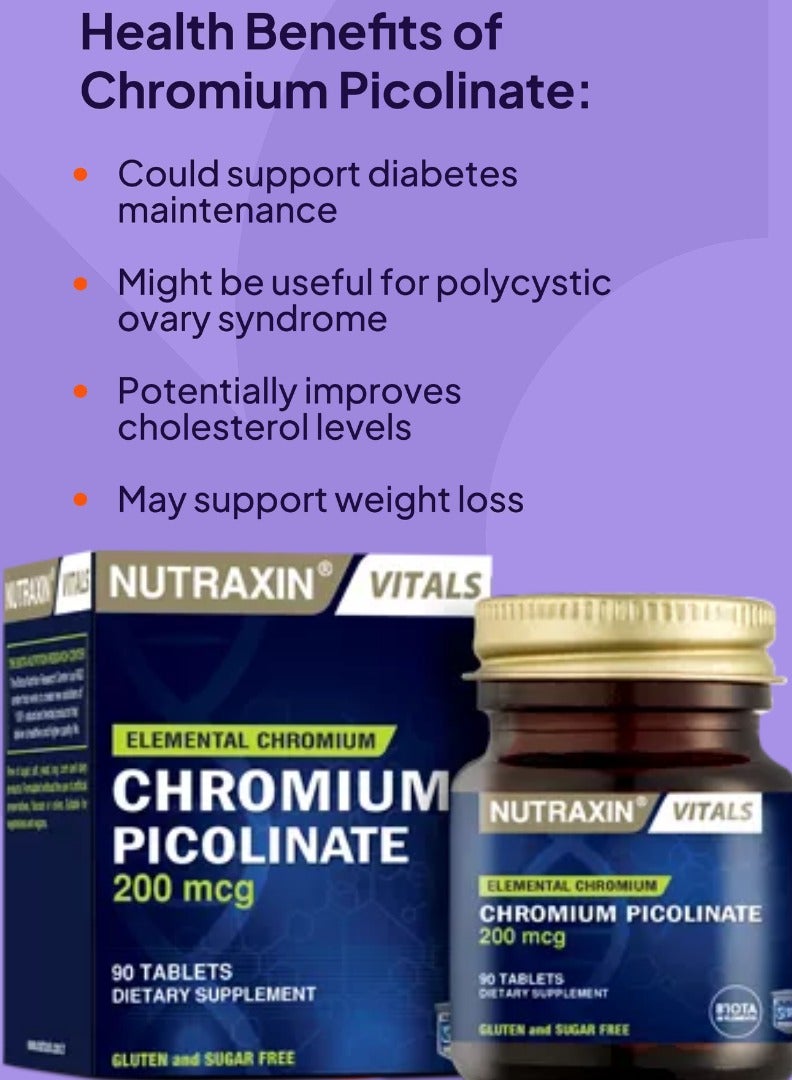 NUTRAXIN Nutraxin Chromium Picolinate 200 mcg Gluten and Sugar Free 90 tablets - Image 2