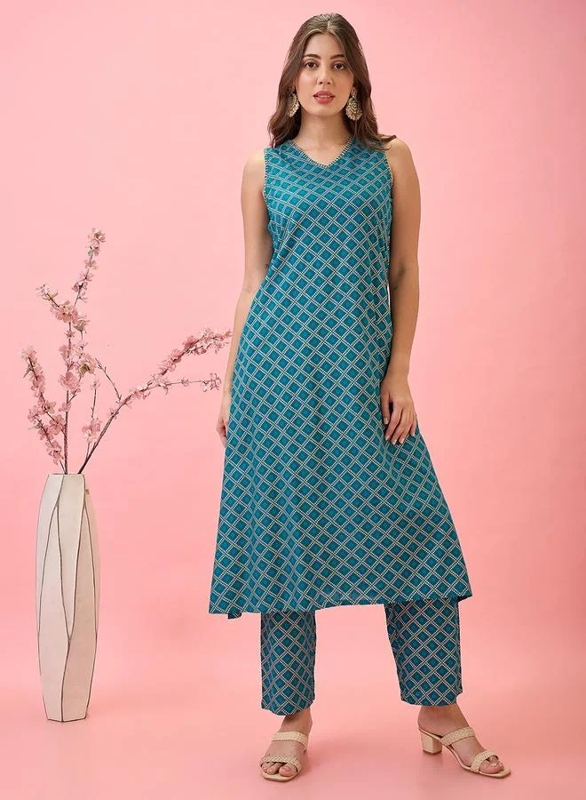 globus Threadwork Detail V Neck A-Line Workwear Kurta and Pants Set