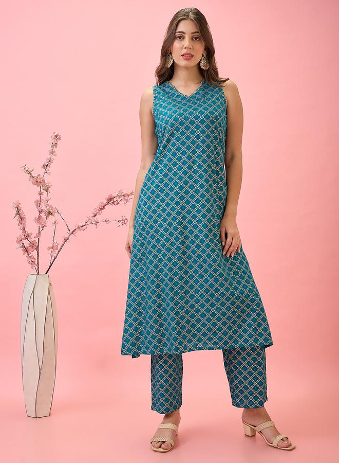 globus Threadwork Detail V Neck A-Line Workwear Kurta and Pants Set - Image 1