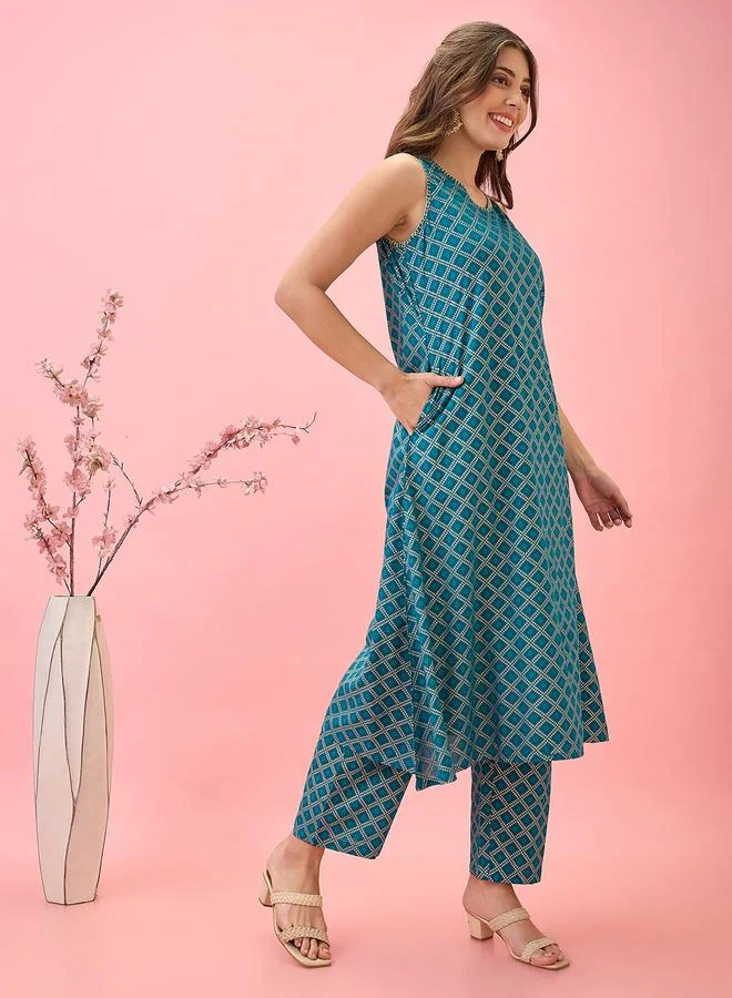 globus Threadwork Detail V Neck A-Line Workwear Kurta and Pants Set