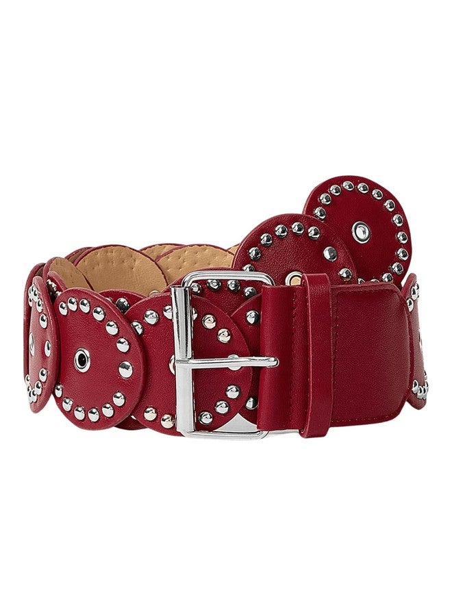 MakeMeChic Women's Faux Leather Wide Disc Buckle Belt Boho Disk Western Waist Belts Red One-Size - Image 1