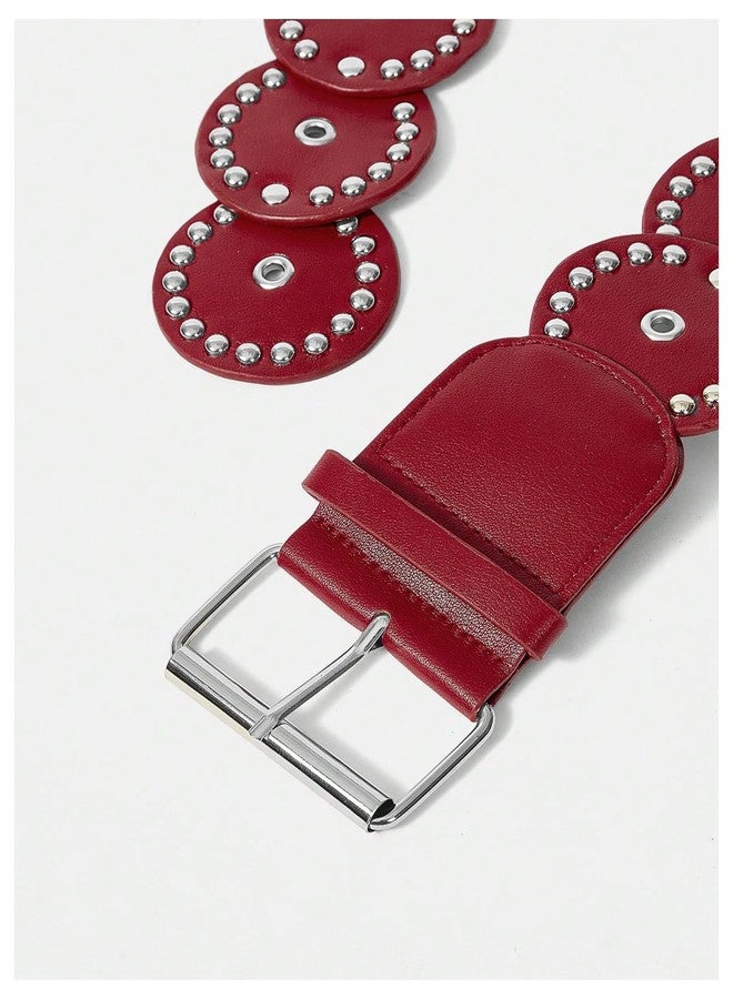 MakeMeChic Women's Faux Leather Wide Disc Buckle Belt Boho Disk Western Waist Belts Red One-Size - Image 4