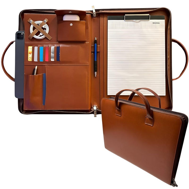 FUNTACY Leather Portfolio with Handles â€“ Professional Business PU Leather Padfolio Organizer, Zippered Portfolio Binder for Documents, Resume, Notebook â€“ Slim Leather File Folder for Men & Women - Image 1