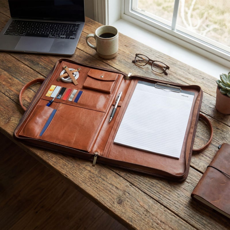 FUNTACY Leather Portfolio with Handles â€“ Professional Business PU Leather Padfolio Organizer, Zippered Portfolio Binder for Documents, Resume, Notebook â€“ Slim Leather File Folder for Men & Women - Image 4