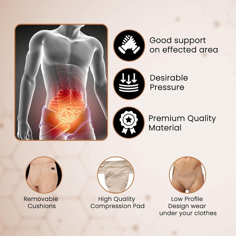 Dermapress داعم الفتق الإربي || ضغط معتدل || إغلاق بخطاف وحلقة || دعم كيس الصفن || داعم للاستخدام في الصالة الرياضية واليومي || تخفيف الألم والتورم || قابل للتمدد || قماش قطن-لايكر || قطن-لايكر قابل للتنفس (بيج، XXL) - Image 4