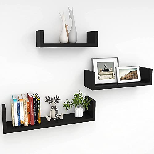UHUD Crafts Hanging Floating Wall Mount Display U Shape Wall Shelf, Engineered Wood Wall Rack Shelf for Living Room Decoration, Showcase and for Storage (Matte Finish, Black) Set of 3 - Image 1
