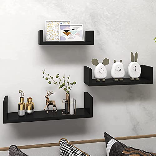 UHUD Crafts Hanging Floating Wall Mount Display U Shape Wall Shelf, Engineered Wood Wall Rack Shelf for Living Room Decoration, Showcase and for Storage (Matte Finish, Black) Set of 3 - Image 4