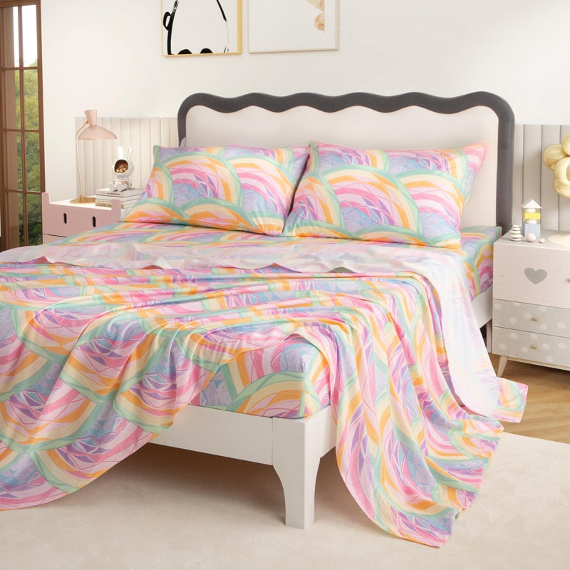 SDY 4PCS Rainbow Bed Sheet Set Queen, Super Colorful Mermaid Bed Sheets Set for Girls, Boys, Kids and Toddler, Bed in a Bag Packaged with 1 Fitted Sheet+ 1 Top Flat Sheet + 2 Pillowcases - Image 1
