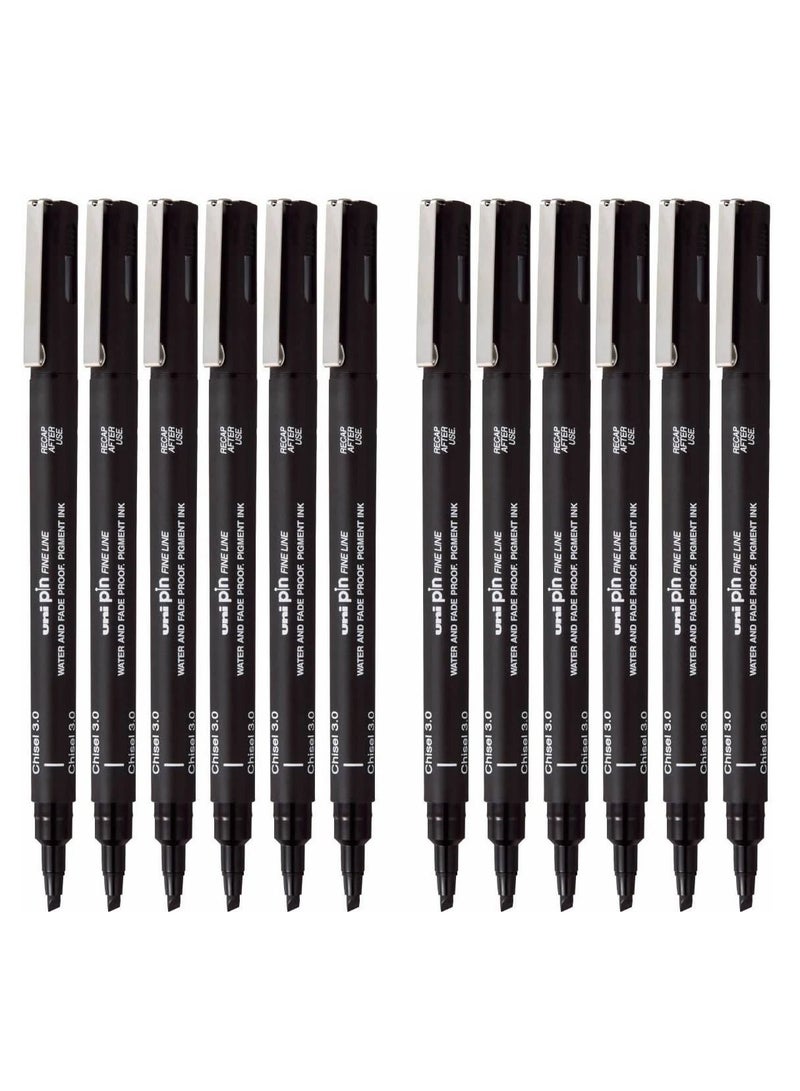 Uni Pin 12-Piece Unipin Chisel Tip Drawing Pen 3.0mm Tip Black Ink - Image 1