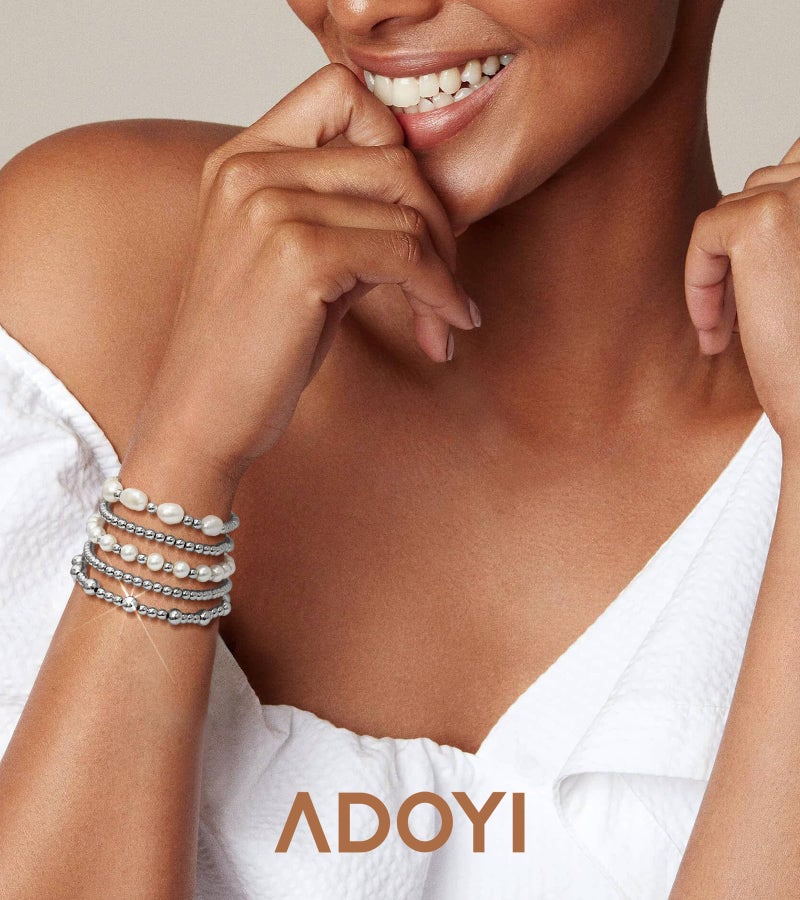 adoyi Silver Beaded Bracelets for Women, 14K Gold Plated Bead Bracelets Stack Trendy Stackable Bracelet Set Strand Stretch Pearl Ball Bracelet Bracelet Set Jewelry Set for Women Gift - Image 2