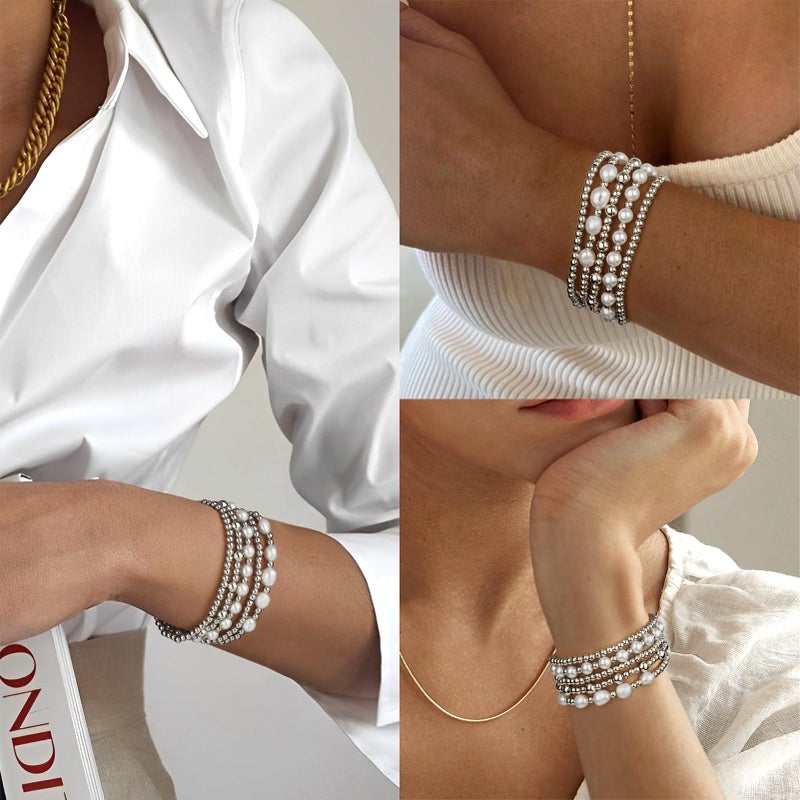 adoyi Silver Beaded Bracelets for Women, 14K Gold Plated Bead Bracelets Stack Trendy Stackable Bracelet Set Strand Stretch Pearl Ball Bracelet Bracelet Set Jewelry Set for Women Gift - Image 4