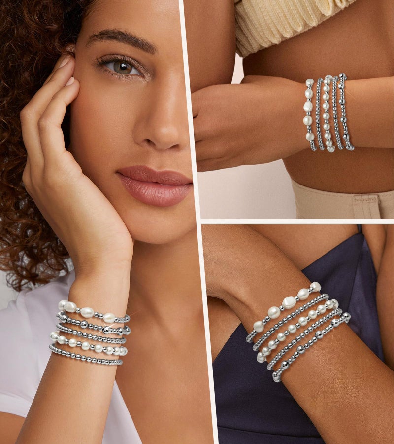 adoyi Silver Beaded Bracelets for Women, 14K Gold Plated Bead Bracelets Stack Trendy Stackable Bracelet Set Strand Stretch Pearl Ball Bracelet Bracelet Set Jewelry Set for Women Gift - Image 3