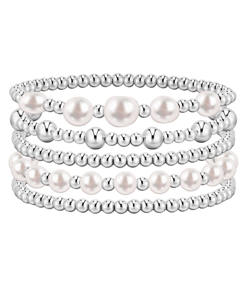 adoyi Silver Beaded Bracelets for Women, 14K Gold Plated Bead Bracelets Stack Trendy Stackable Bracelet Set Strand Stretch Pearl Ball Bracelet Bracelet Set Jewelry Set for Women Gift - Image 1