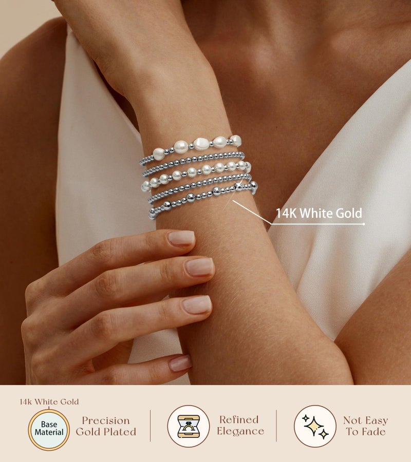 adoyi Silver Beaded Bracelets for Women, 14K Gold Plated Bead Bracelets Stack Trendy Stackable Bracelet Set Strand Stretch Pearl Ball Bracelet Bracelet Set Jewelry Set for Women Gift - Image 5