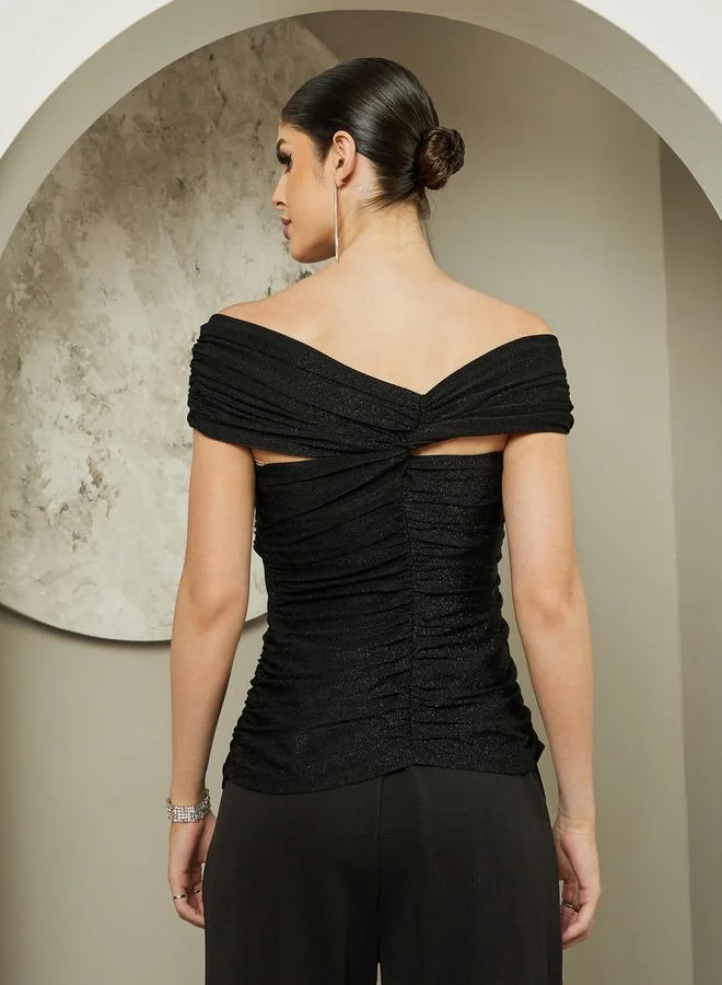Styli Off Shoulder Pleated Knit Top